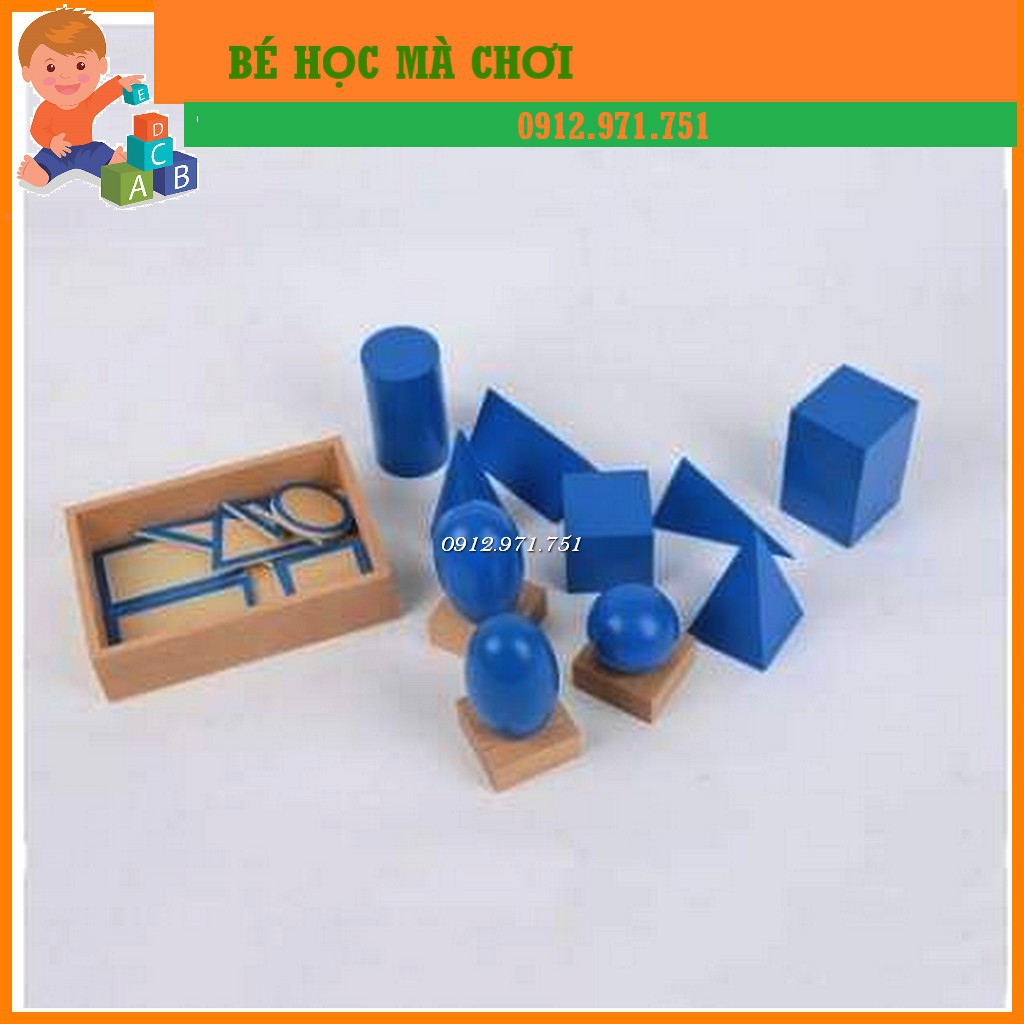 Hộp đựng các khối hình học màu xanh Montessori