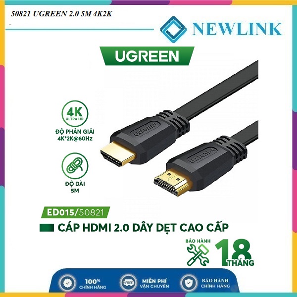 Cáp HDMI 2.0 hỗ trợ 4k*2k, 3D Full HD1080 dạng dây dẹt màu đen dài từ 1.5-5m UGREEN ED015 - Hàng phân phối chính hãng