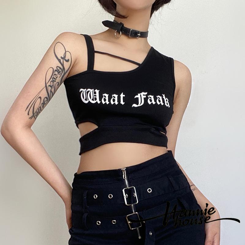 Áo Thun Nữ Cộc Tay Lệch Vai Màu Đen Cá Tính