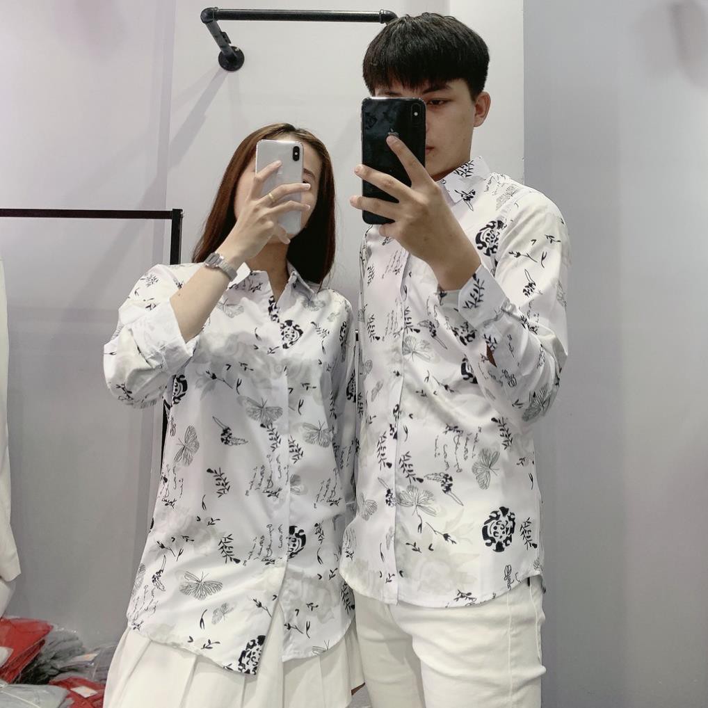 Áo sơ mi nam nữ in hoa hồng trắng, áo sơ mi nam nữ lụa cao cấp-D264 | BigBuy360 - bigbuy360.vn