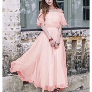 BB182 Đầm maxi trễ vai 2 lớp Voan duyên dáng