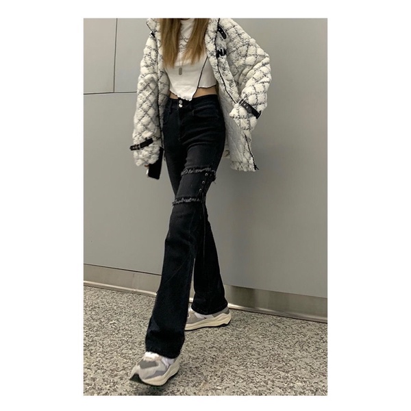 Quần jeans co dãn cạp cao bó ống loe buộc dây ulzzang Hàn Quốc