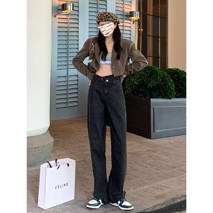 Quần jean lưng cao ống rộng phong cách sành điệu sang trọng cho phụ nữ Xiaozhainv