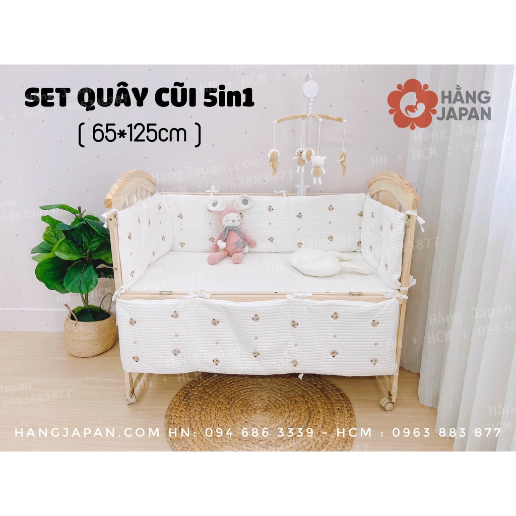 Bộ quây cũi vải 5 in 1 hình gấu kèm ga chun bọc đệm cho bé kích thước 65*125cm