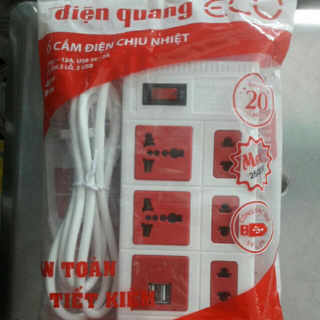 Ổ cấm Điện Quang 5 ổ cấm có 2 cổng USB 2A, 2m 2500w