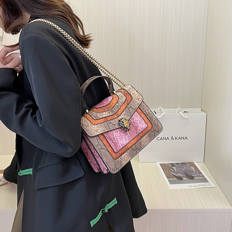 Túi Đeo Chéo Họa Tiết Da Rắn Màu Sắc Tương Phản Phong Cách Âu Mỹ Thời Trang Cho Nữ