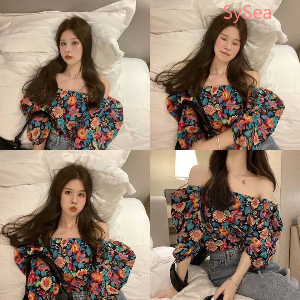 Áo hoa trễ vai tay phồng dáng rộng thời trang cho nữ