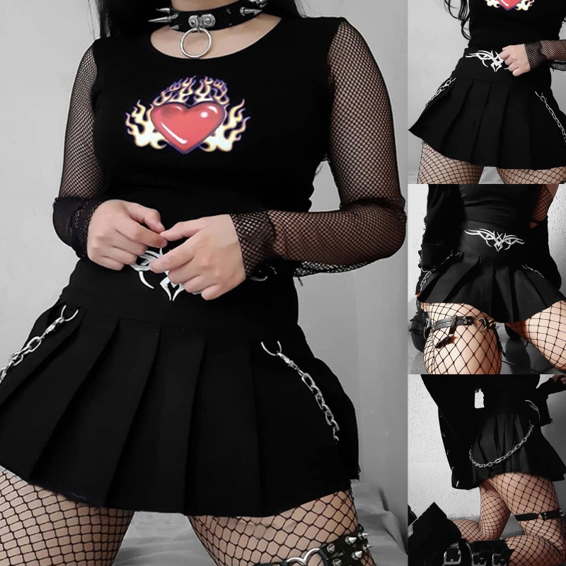 Chân Váy Chữ A Xếp Ly Lưng Cao Thêu Họa Tiết Phong Cách Harajuku Vintage Dành Cho Nữ