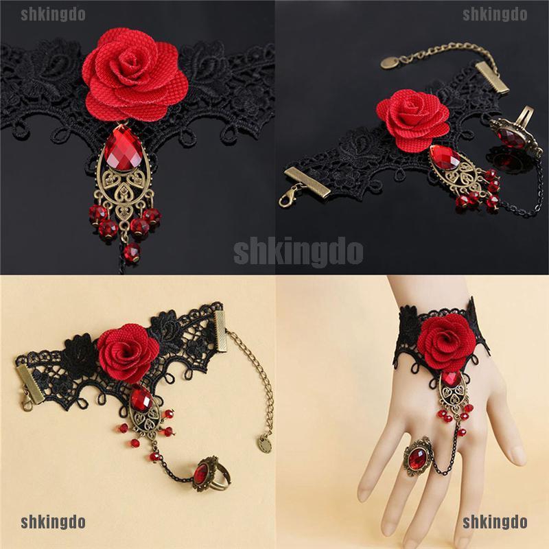 Vòng tay ren hoa hồng đỏ phong cách gothic có thể điều chỉnh kích cỡ
