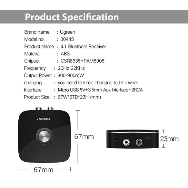Thiết bị nhận Bluetooth 4.1 Music Receiver cho loa,amply hỗ trợ cổng 3,5mm+RCA chính hãng Ugreen UG-30445 cao cấp