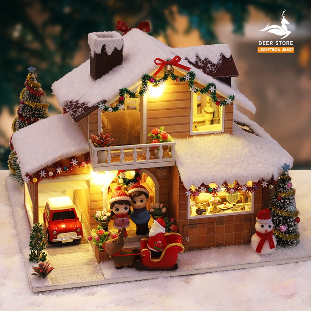 Nhà búp bê DIY. Mô hình nhà 3d | Quà tặng Noel tự làm | Tặng Bộ Trang Trí Giáng Sinh + Ông Già Noel +  Búp bê + Hộp Nhạc