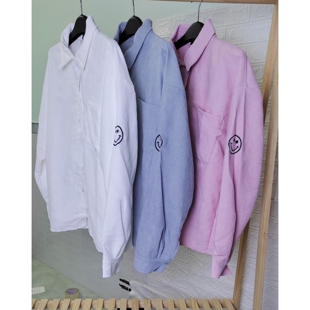 Áo Khoác Sơ Mi Nhung Tay In Mặt Cười Túi Trước Form Rộng Đẹp - Shop3nunisex