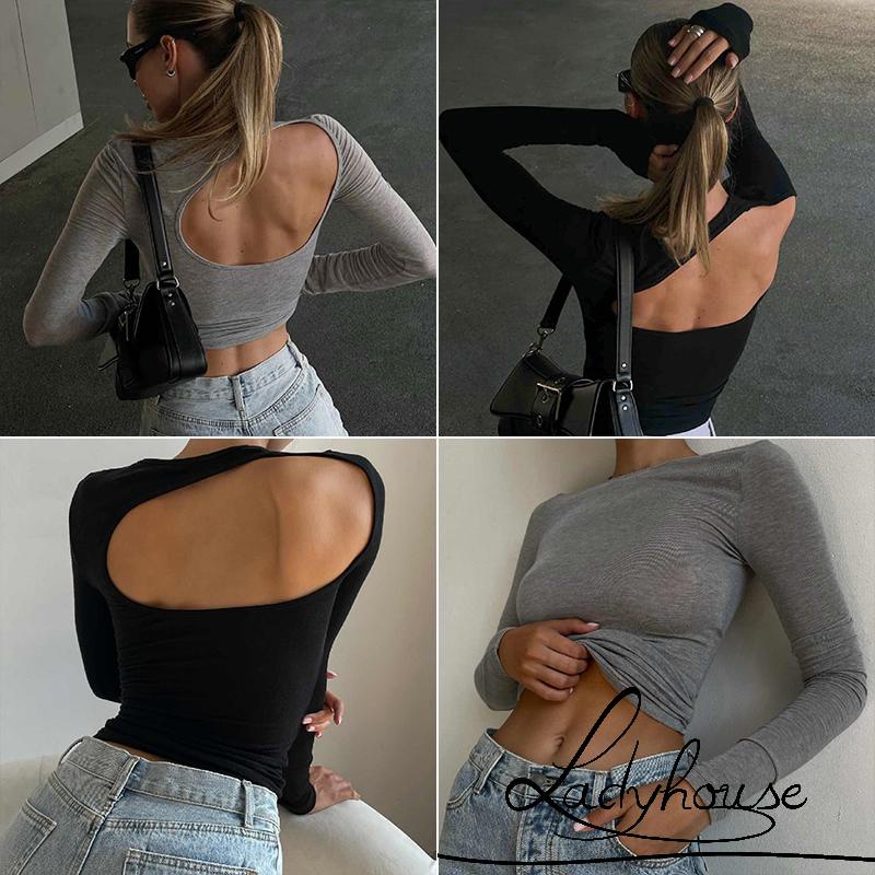Áo Thun Crop Top Tay Dài Cổ Tròn Màu Trơn Thiết Kế Khoét Lưng Quyến Rũ