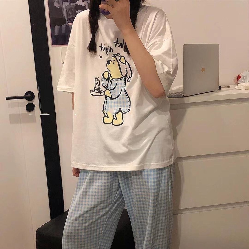 Set bộ đồ mặc nhà áo tay Ngắn , Quần Dài in hình siêu xinh ANHSTORE , áo thun cotton quần dài caro thấm hút tốt