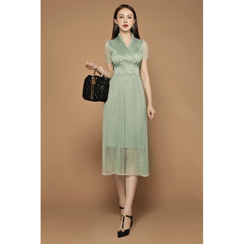 HÀNG QC - ĐẦM XÒE LỤA DẬP LY DÁNG DÀI CỔ VEST GỢN SÓNG SIÊU SANG - KLCT196