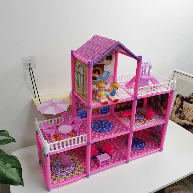 Bộ mô hình nhà búp bê Barbie cỡ lớn 60x18x57cm (DxRxC) đủ phụ kiện như ảnh chụp thực tế