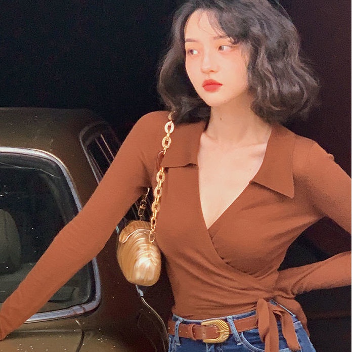 Áo croptop cổ chữ V eo cao phong cách retro Pháp thời trang mùa thu cho nữ 2021