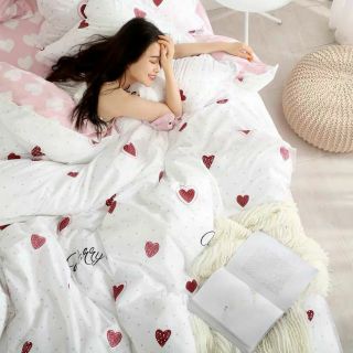 Cotton poly bộ chăn ga gối tim trắng nhỏ