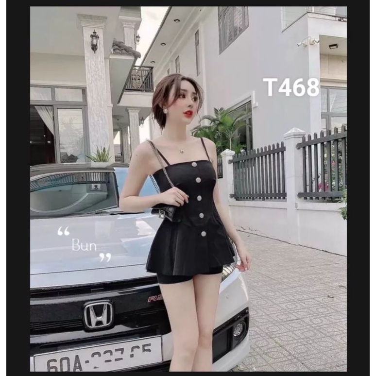 Set bộ áo 2 dây Peplum đính nút thời trang dễ thương