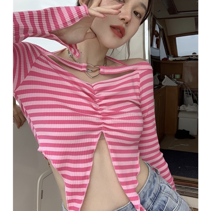 Áo Thun Tay Dài Cổ Yếm Họa Tiết Kẻ Sọc Thời Trang Quyến Rũ Cho Nữ