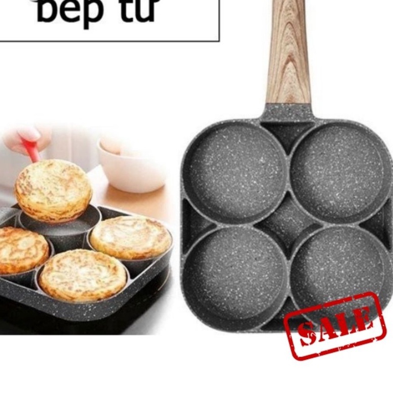 (CAO CẤP) Chảo Chiên Rán Trứng Làm Bánh 4 Ngăn 4 Lỗ Dầy Dặn Chống Dính. Tay Cầm Gỗ Đáy Từ Dùng Mọi Loại Bếp KT 21x18cm
