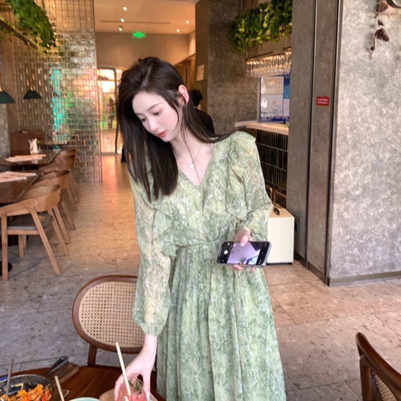 Spring clothes women 2022 new medium length Chiffon fairy skirt Ruffle floral dress versatile summer skirt