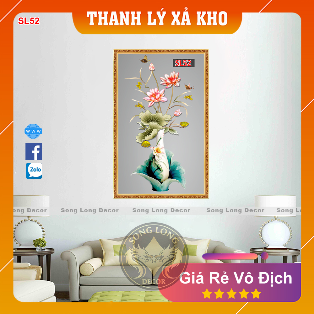 Tranh dán tường 3D Lọ Hoa Sen -SL52- Tranh 3D Phòng Bếp- Song Long Decor