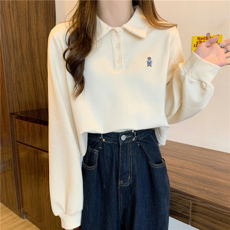 Áo thun polo SUXI dài tay dáng rộng màu trơn đơn giản