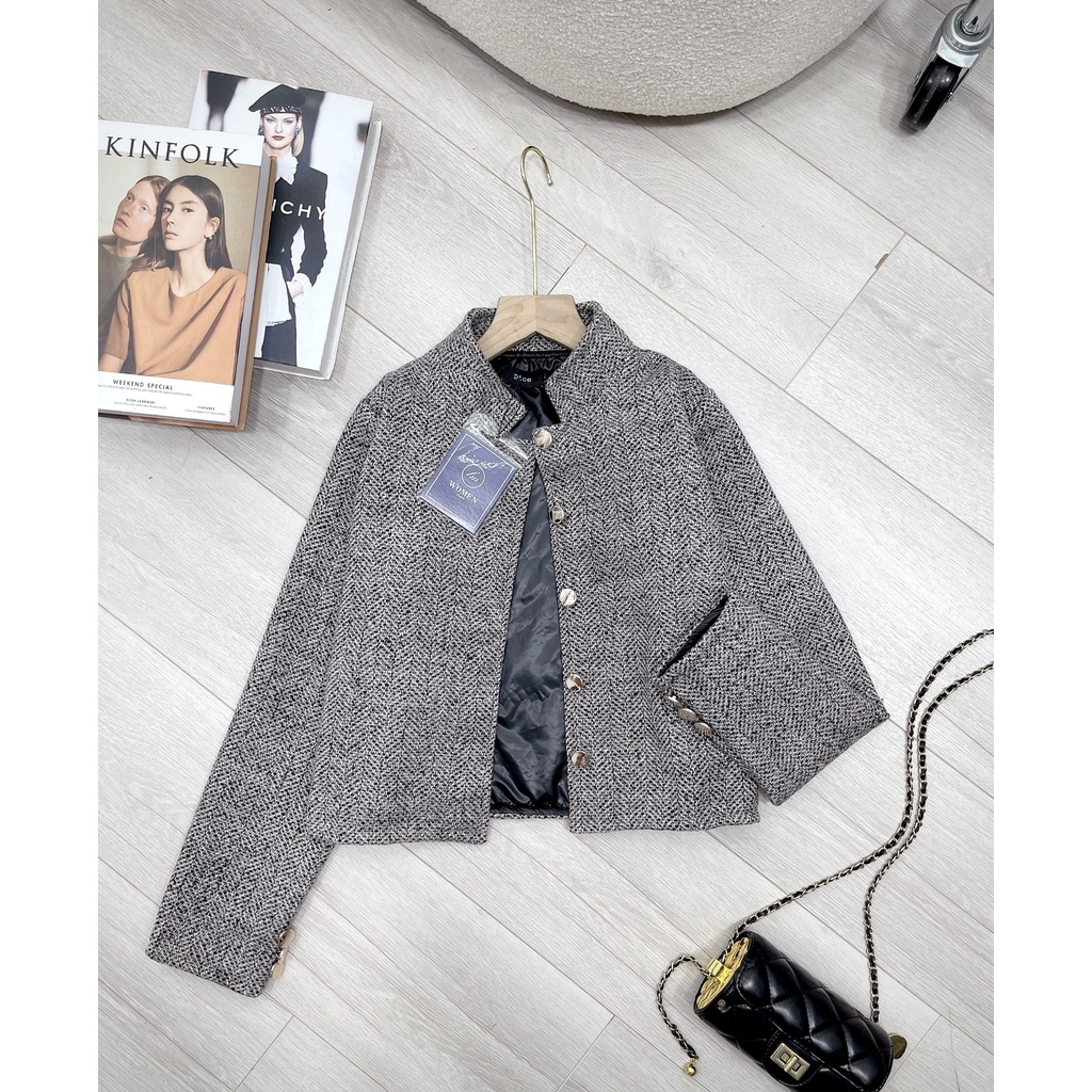 Áo dạ muối tiêu cổ tròn cúc ngọc cao cấp áo tweed nữ thu đông TL140