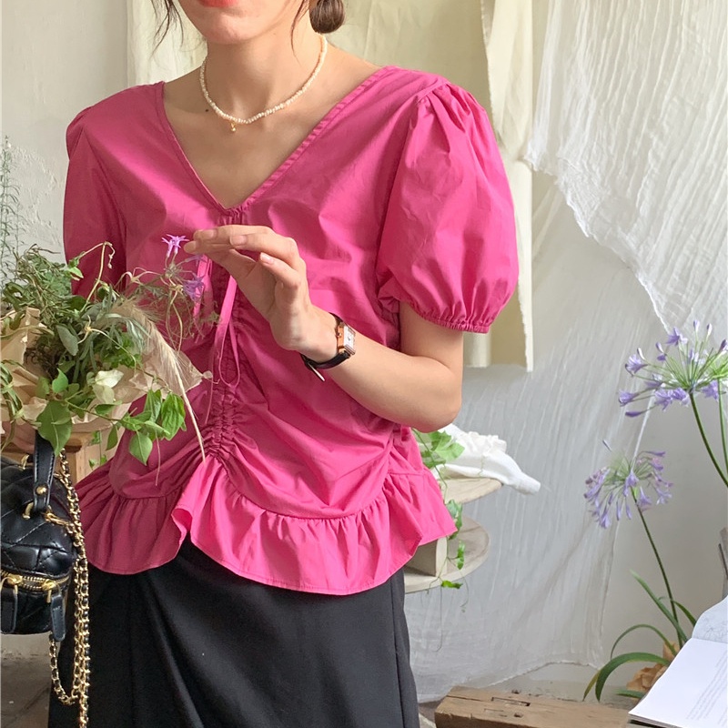 SUXI Áo Sơ Mi Tay Ngắn Cổ Chữ V Màu Sắc Đơn Giản Phối Dây Rút Thời Trang Hàn Quốc Cho Nữ