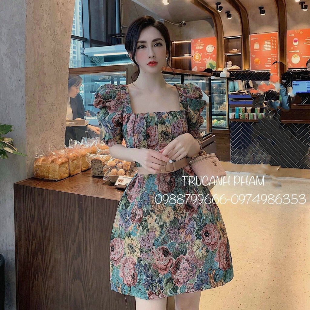 đầm bông ngắn quảng châu cổ vuông ngắn tay