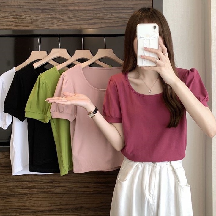 Áo Thun Ngắn Tay Cổ Tròn Màu Trơn Thiết Kế Mới Thời Trang Theo Phong Cách Pháp