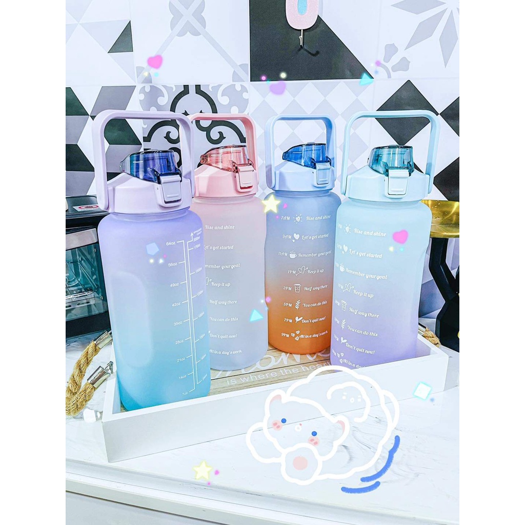 Bình Nước 2 Lít Dành Cho Người Lười Uống Nước , Bình Nước Cute 2L Có Ống Hút, Vạch Chia Nhắc Giờ