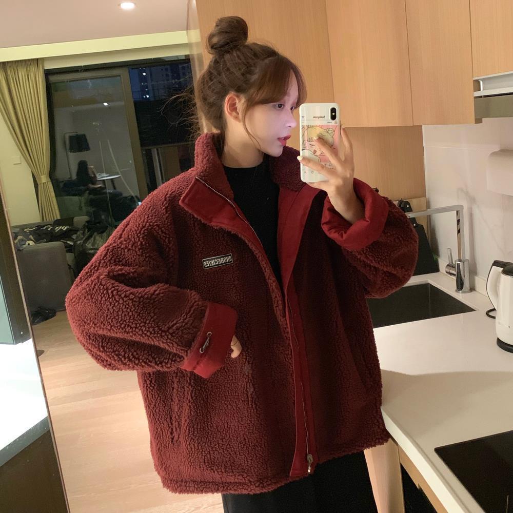 Hàng Có Sẵn Áo Khoác Đệm Cotton Giả Lông Cừu Dày Hai Mặt Giữ Ấm Mùa Thu