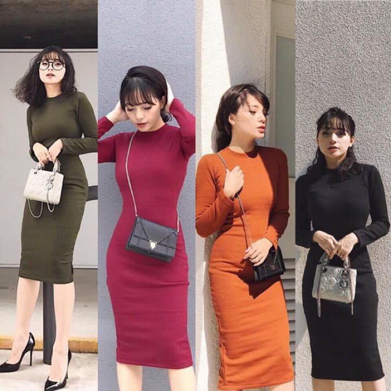[XẢ KHO] Váy body len tăm dài tay cổ tròn
