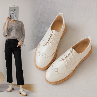 Giày Da Đế Xuồng 3cm Cột Dây Màu Trơn Phong Cách Anh Quốc Dễ Phối Đồ Cho Nữ