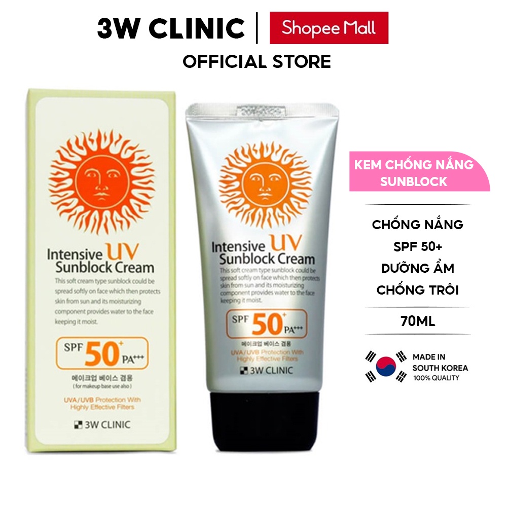 Kem chống nắng 3W Clinic Hàn Quốc Intensive UV Sunblock Cream SPF 50 PA+++ 70ml giúp bảo về da và dưỡng ẩm cho da