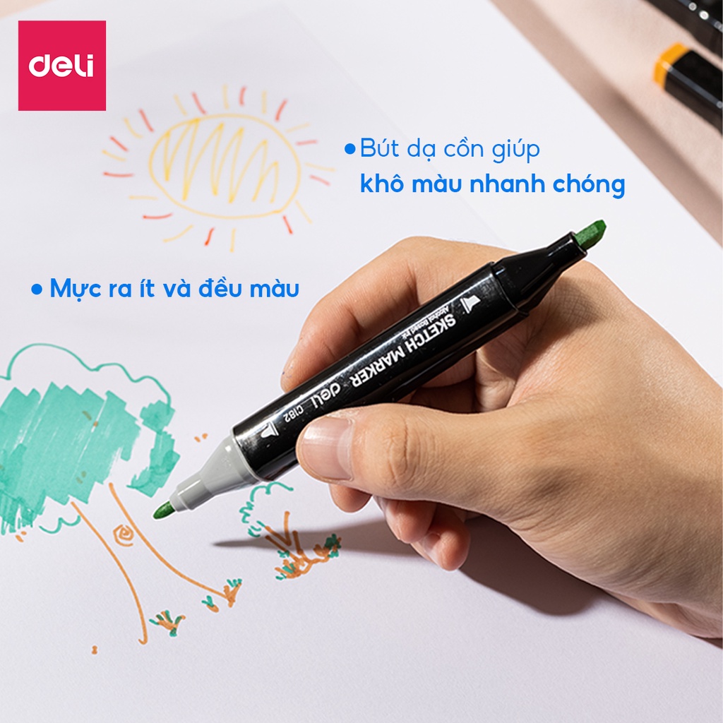 Bút màu dạ marker chuyên nghiệp chính hãng Deli kèm túi vải khay đựng họa cụ vẽ tranh cao cấp 30 / 40 / 60 / 80 màu