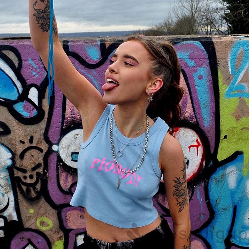 Áo Thun Sát Nách Cổ Tròn Dáng Ôm In Chữ Cá Tính Cho Nữ