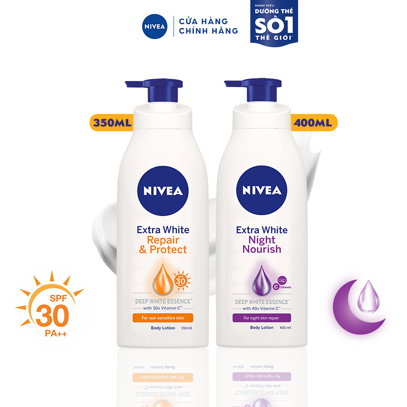 Bộ đôi Sữa dưỡng thể trắng da Ngày (350ml) &amp; Đêm (400ml) NIVEA (88311+88126)