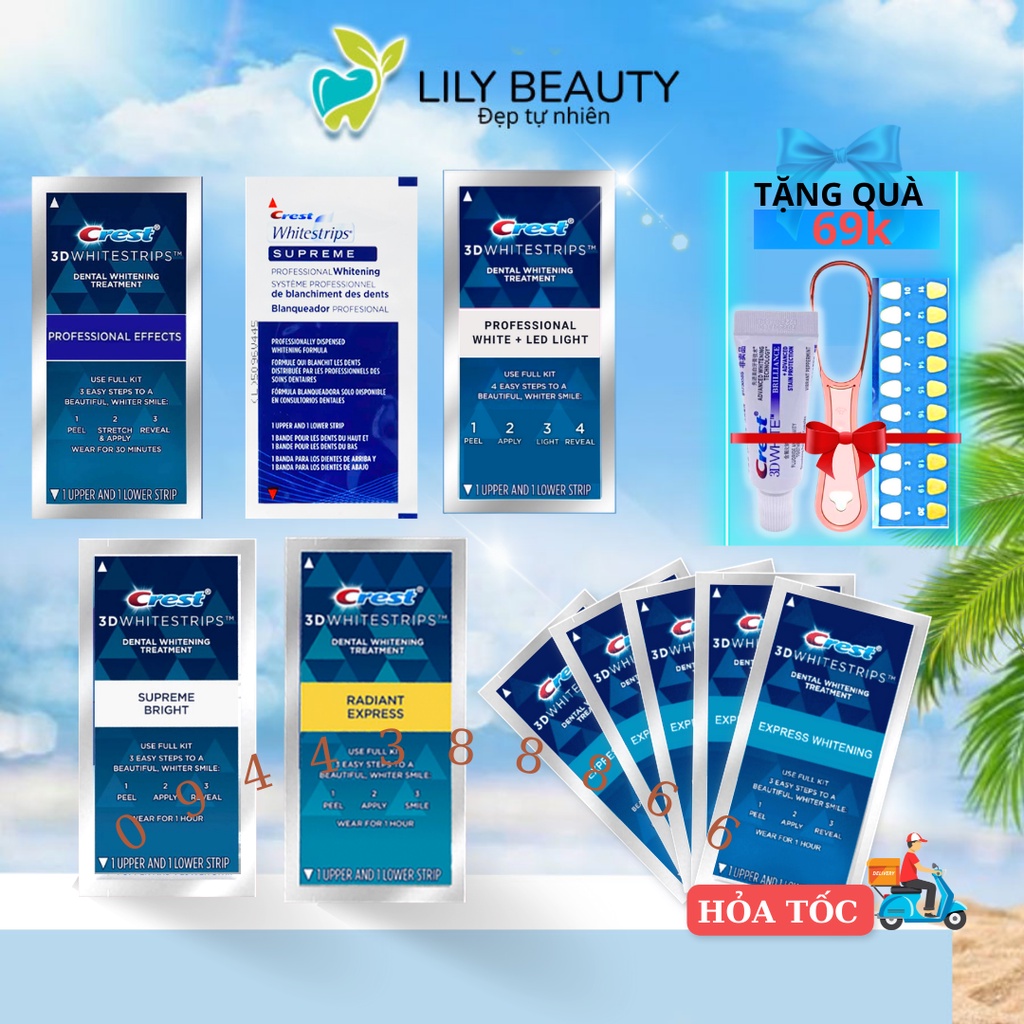 Miếng dán trắng răng Crest 3D White Professional, 1 Hour, Bright, Glamorous - trắng sáng tự nhiên