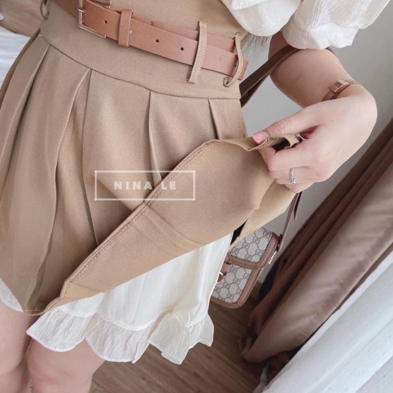 [NEW] Set Áo Sơ mi Cổ Nhọn Mix Chân Váy Xếp Ly Nâu Kèm Đai ( Hàng Sẵn)