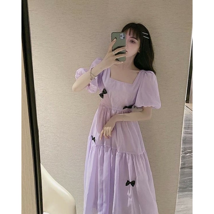 Đầm suông tím đính nơ đen