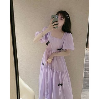 Đầm suông tím đính nơ đen