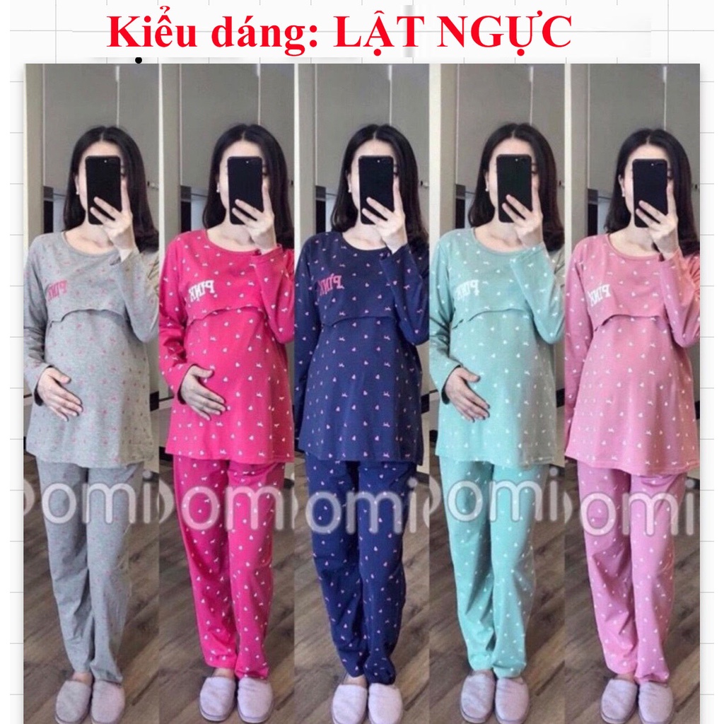 Bộ bầu và cho con bú sau sinh Dài Tay Pink, chất cotton Cao Cấp cho mẹ bầu mặc nhà Thu Đông có bigsize 85kg