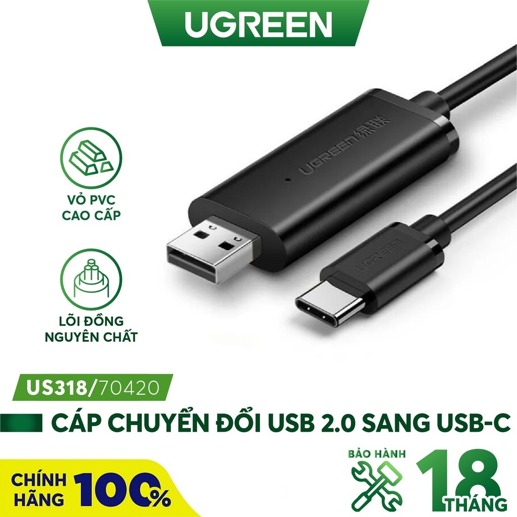 Cáp truyền dữ liệu USB 2.0 sang USB type C tích hợp Chipset dài 2m chính hãng UGREEN US318 70420