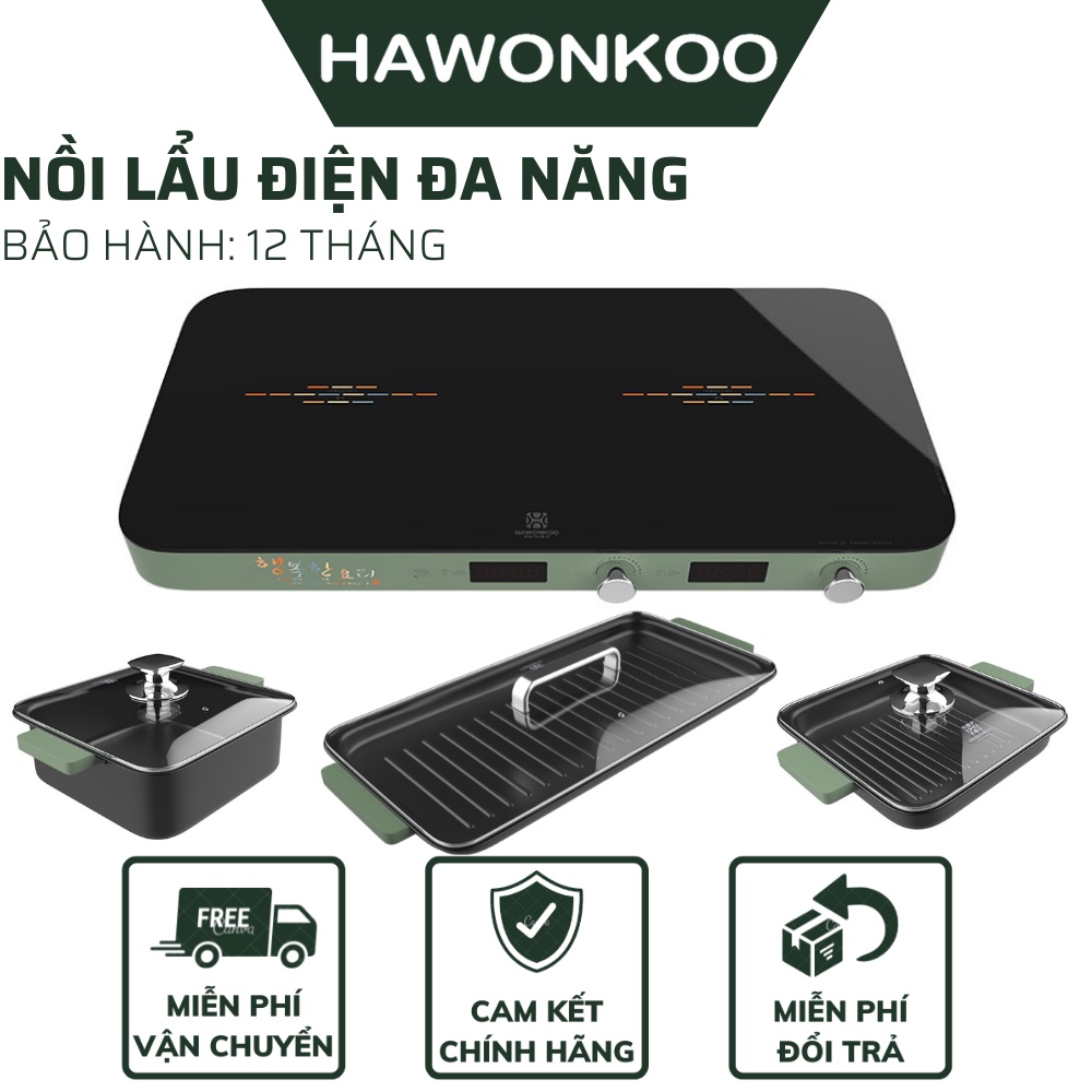 Bộ Bếp Từ Kết Hợp Lẩu Nướng Hawonkoo MCEH-200-II - Nồi Lẩu Nướng Chống Dính Gồm 1 Bếp Từ Đôi, 1 Nồi Lẩu, 2 Khay Nướng