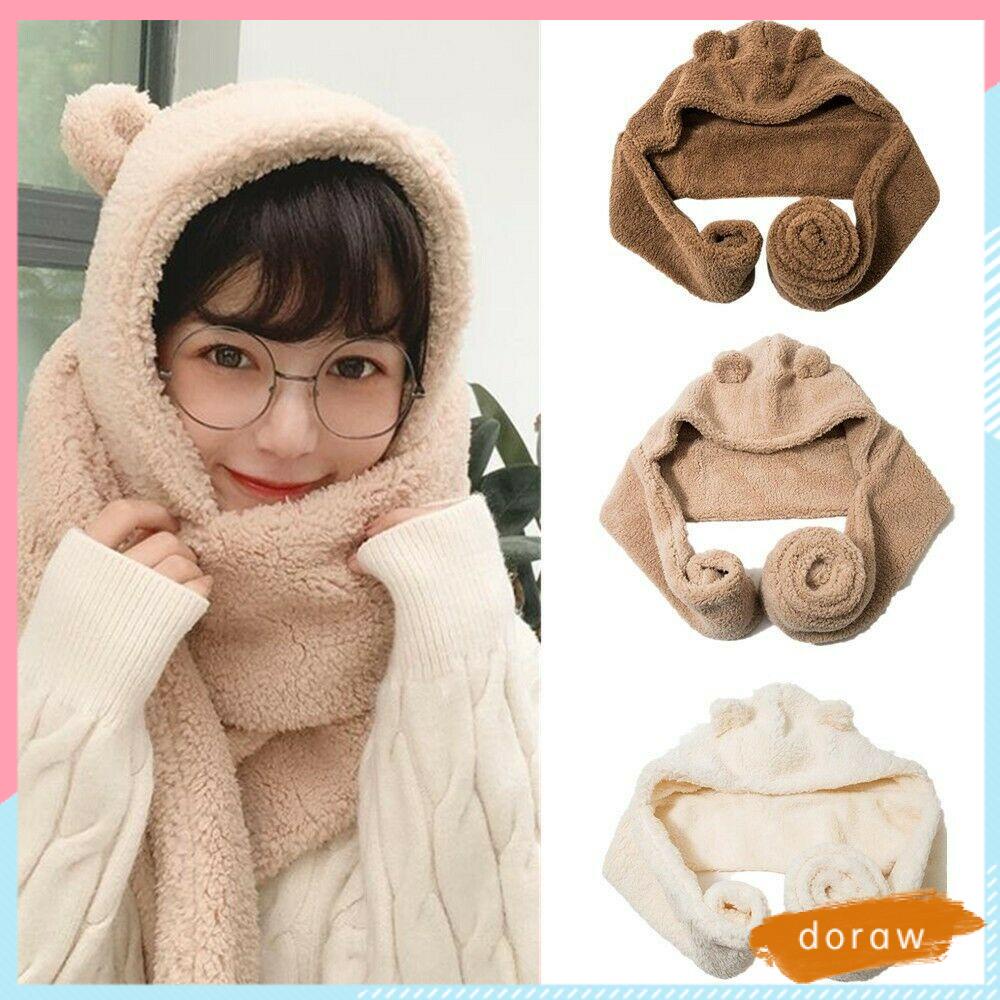 Bộ Nón + Khăn Choàng Cổ Hình Gấu Bông Dễ Thương Nhiều Màu Sắc Giữ Ấm Mùa Đông Cho Nữ