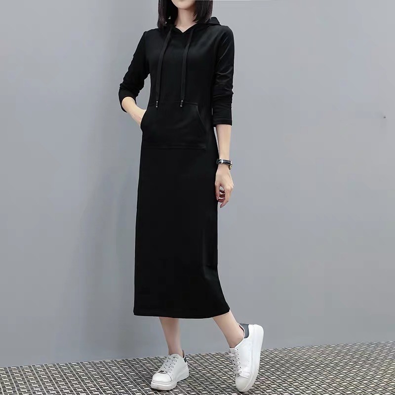 Size S đầm thun đen dài thể thao có nón lót lông