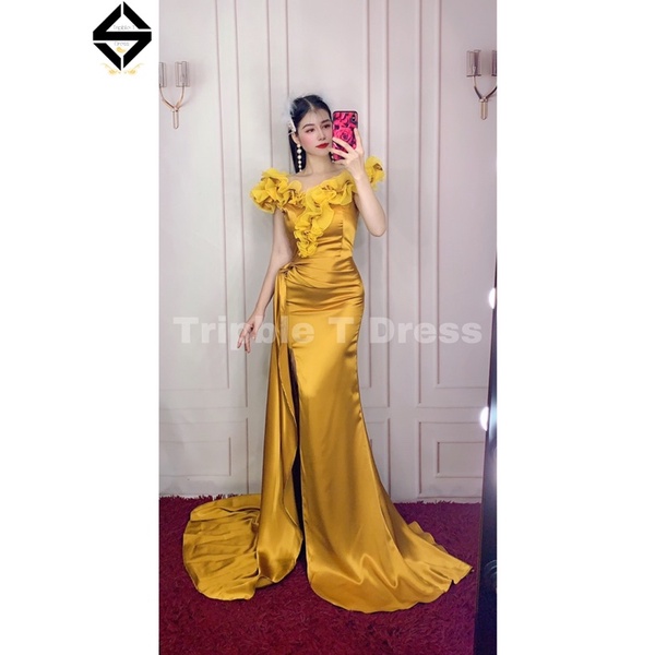 Đầm maxi body dạ hội phối bèo voan sang trọng thanh lịch TRIPBLE T DRESS - size S/M/L - MS219Y